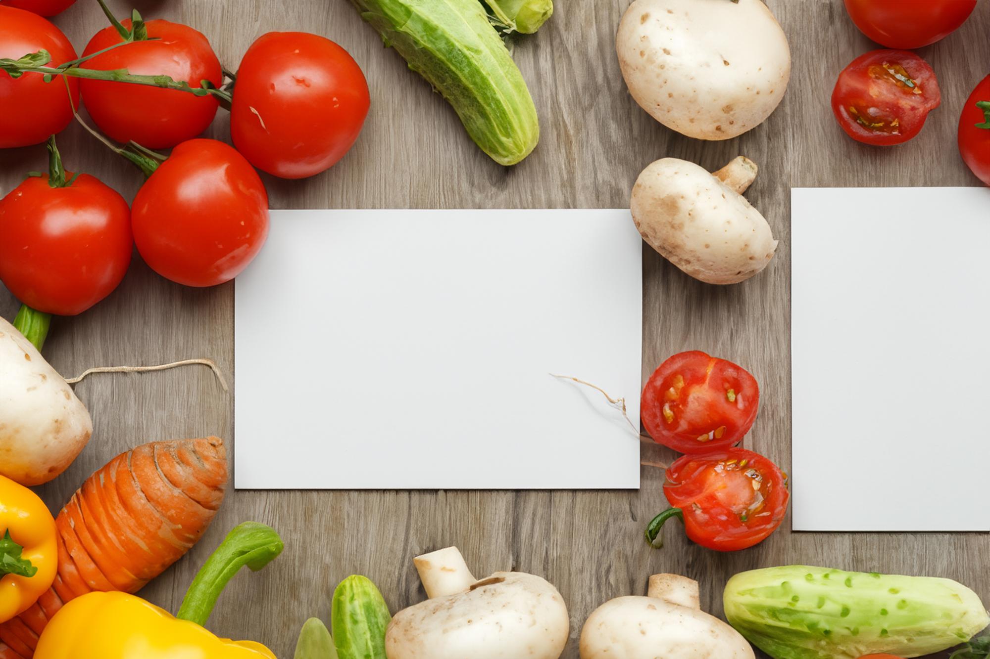 Box with fresh seasonal ingredients and recipe card
